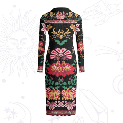 Purplehecate Ethnic Passionate Floral Motif Ribbed Knit Dress