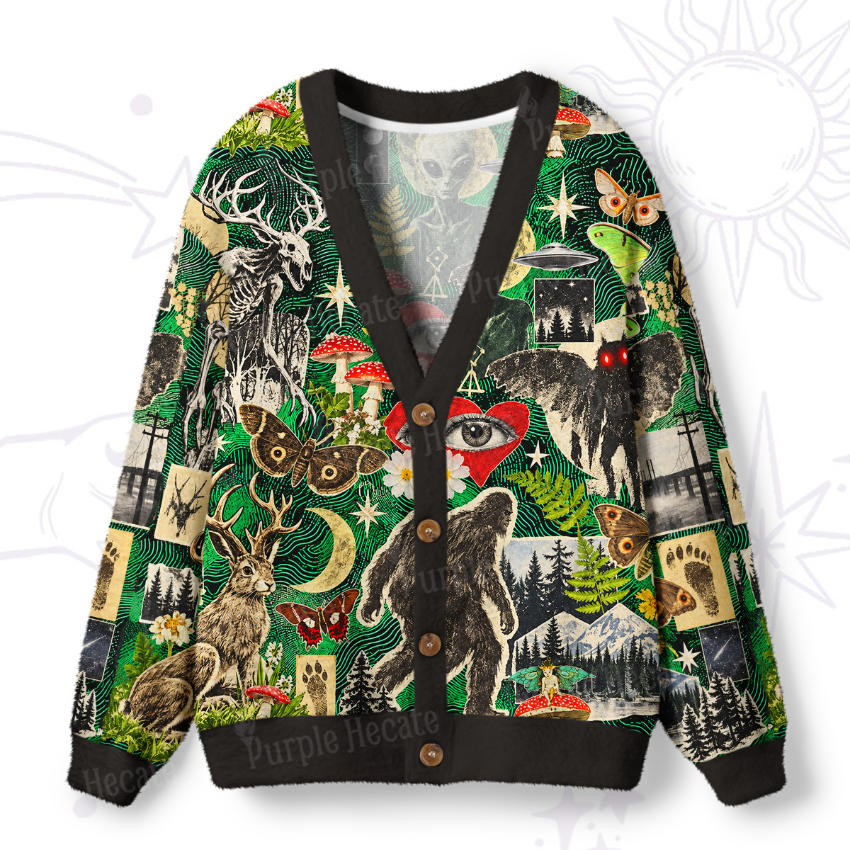 Purplehecate Alien Visitors & Forest Beasts Ugly Cardigan Sweaters