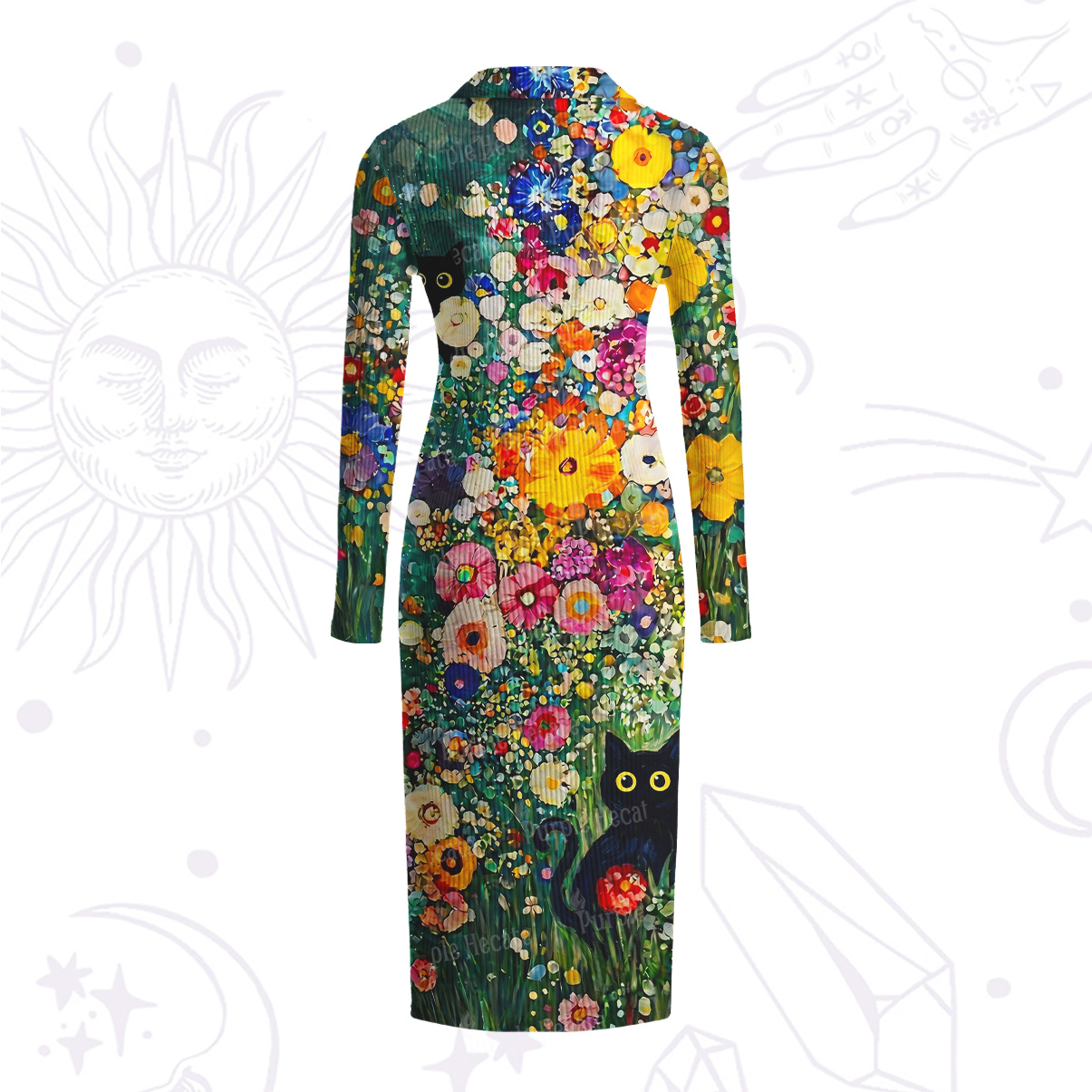 Purplehecate Fluffy Black Cat in Colorful Flower Field Ribbed Knit Dress