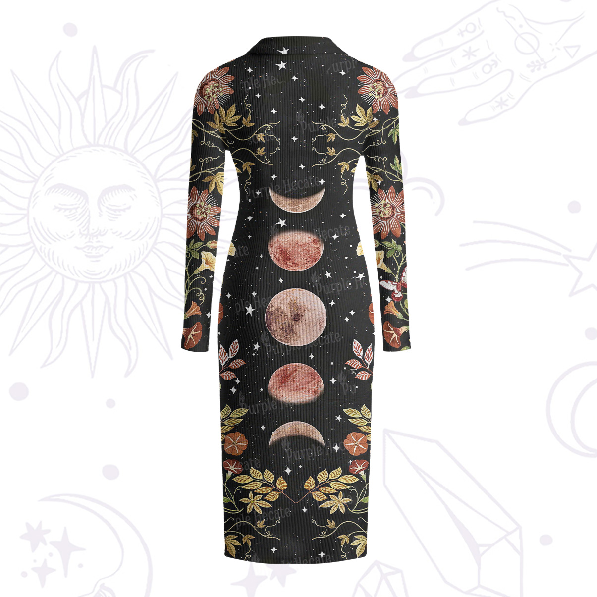 Purplehecate Moon Phase Floral Ribbed Knit Dress