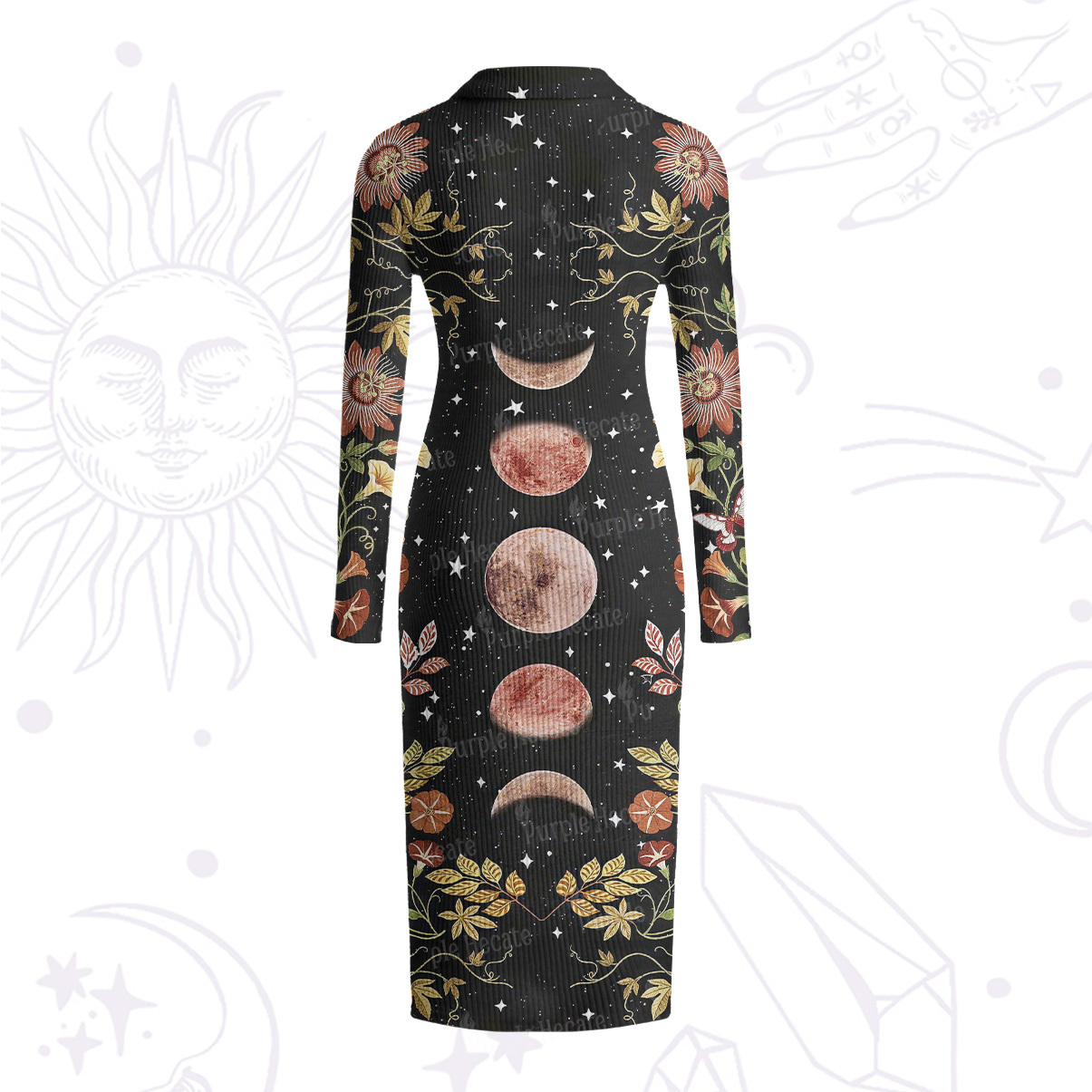 Purplehecate Moon Phase Floral Ribbed Knit Dress