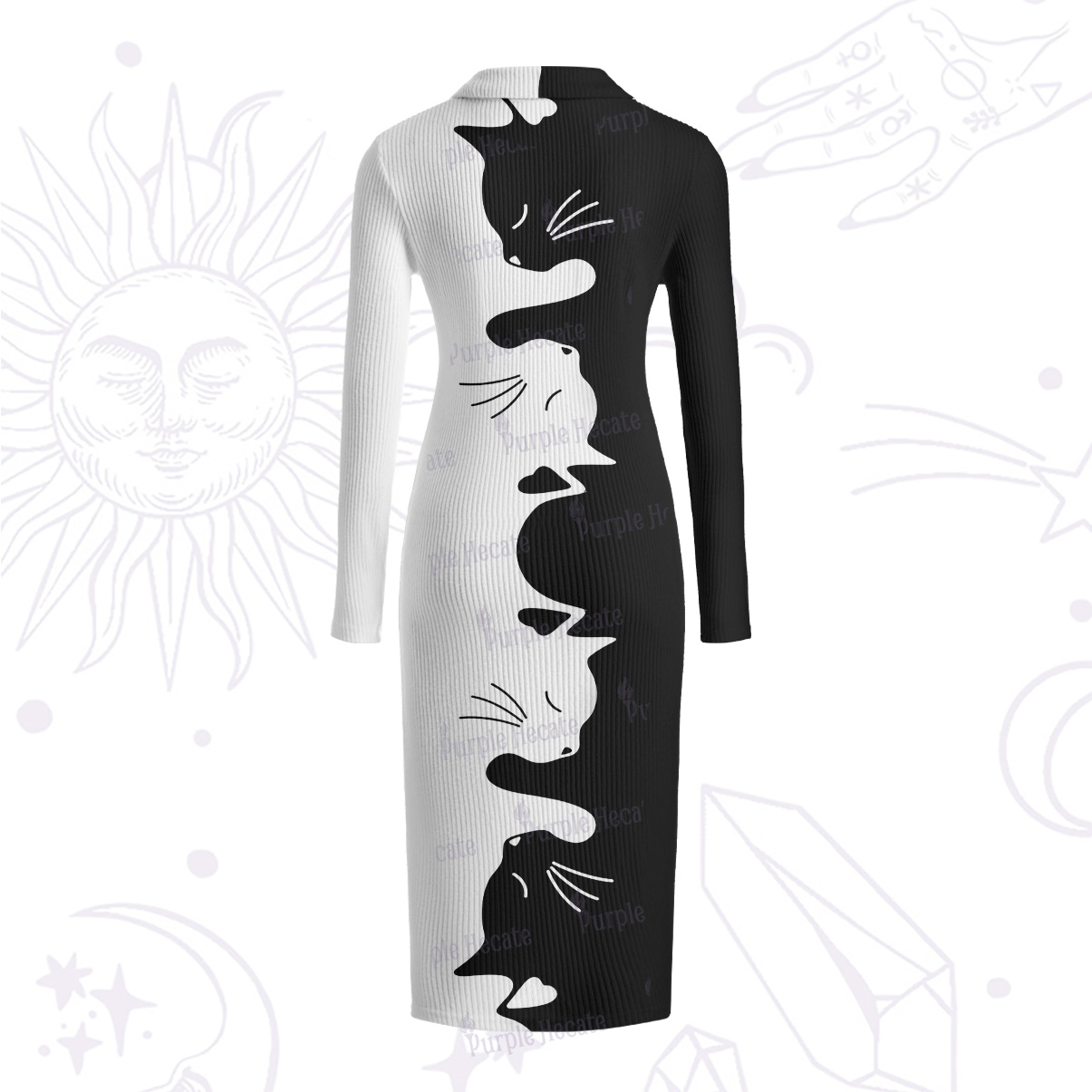 Purplehecate Yin Yang Cat Lover Ribbed Knit Dress