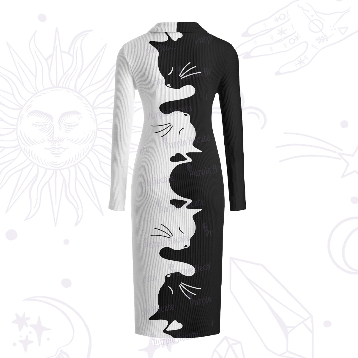 Purplehecate Yin Yang Cat Lover Ribbed Knit Dress