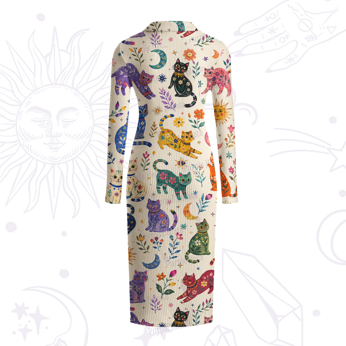 Purplehecate Rainbow Magic Cats Ribbed Knit Dress