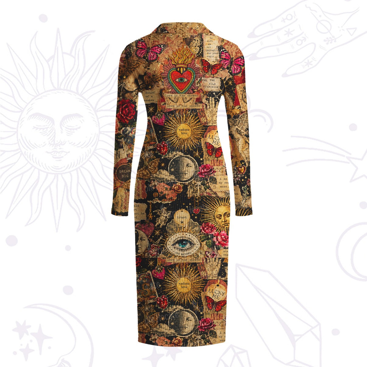 Purplehecate Vintage Celestial Witch Moon Collage Ribbed Knit Dress