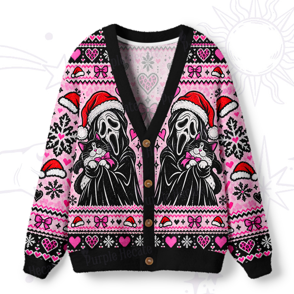 Purplehecate Screaming Christmas Cat-Holding Ugly Cardigan Sweaters