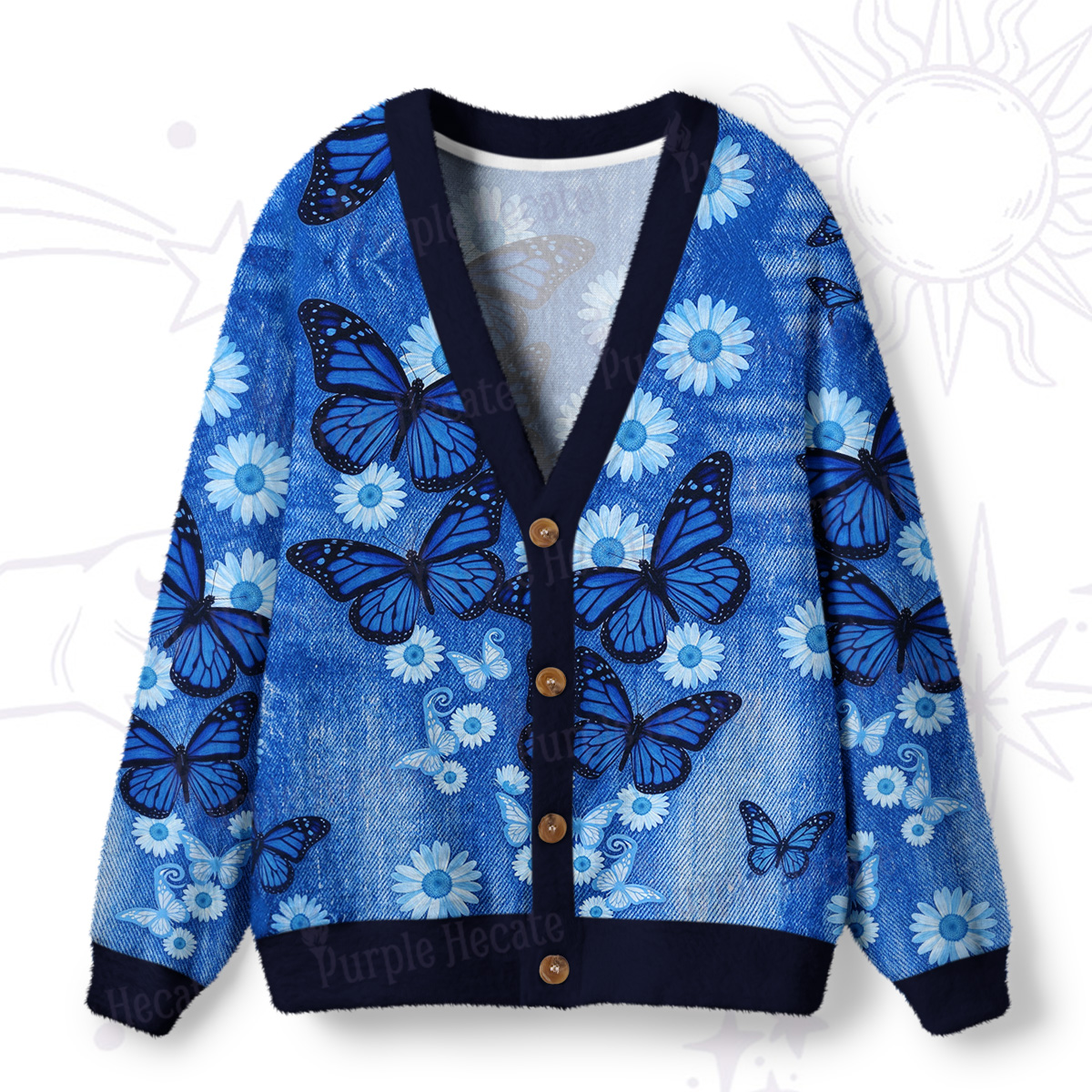 Purplehecate Blue Butterfly Daisy Dance Ugly Cardigan Sweaters