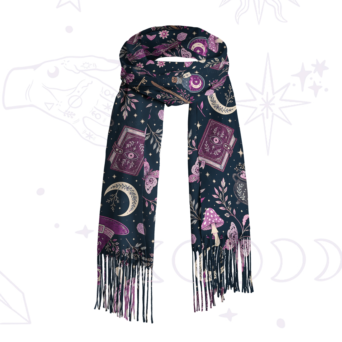Purplehecate Witchcraft Spellbook Printed Fringe Scarf