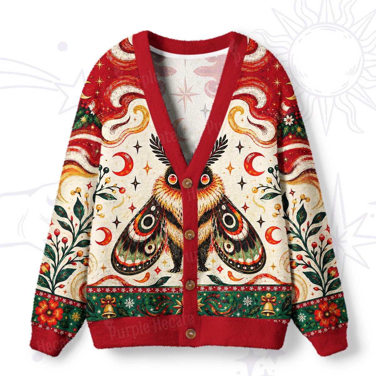 Purplehecate Christmas Moon Moth Guardian Ugly Cardigan Sweaters