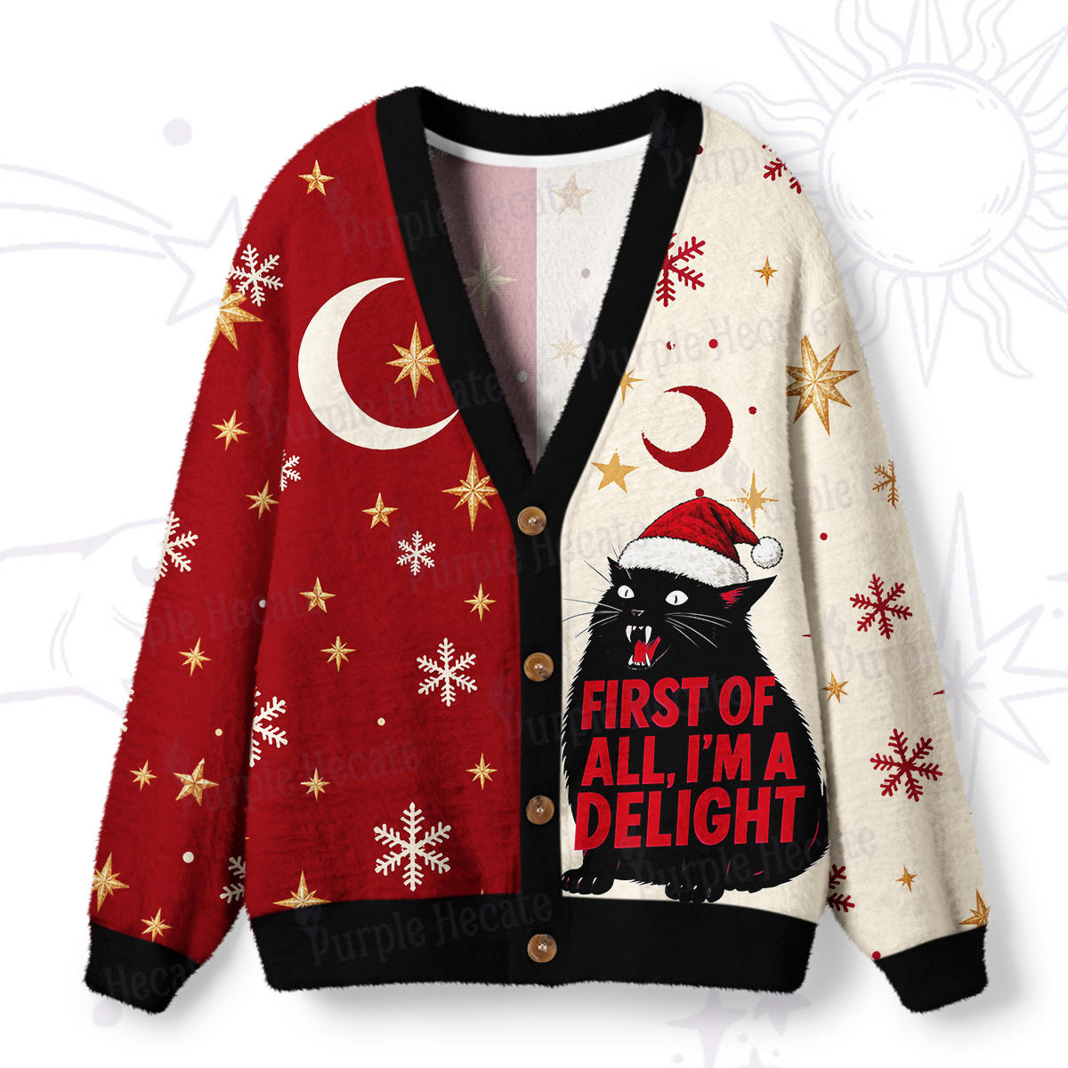 Purplehecate First Of All I'm A Delight Cat Christmas Ugly Cardigan Sweaters