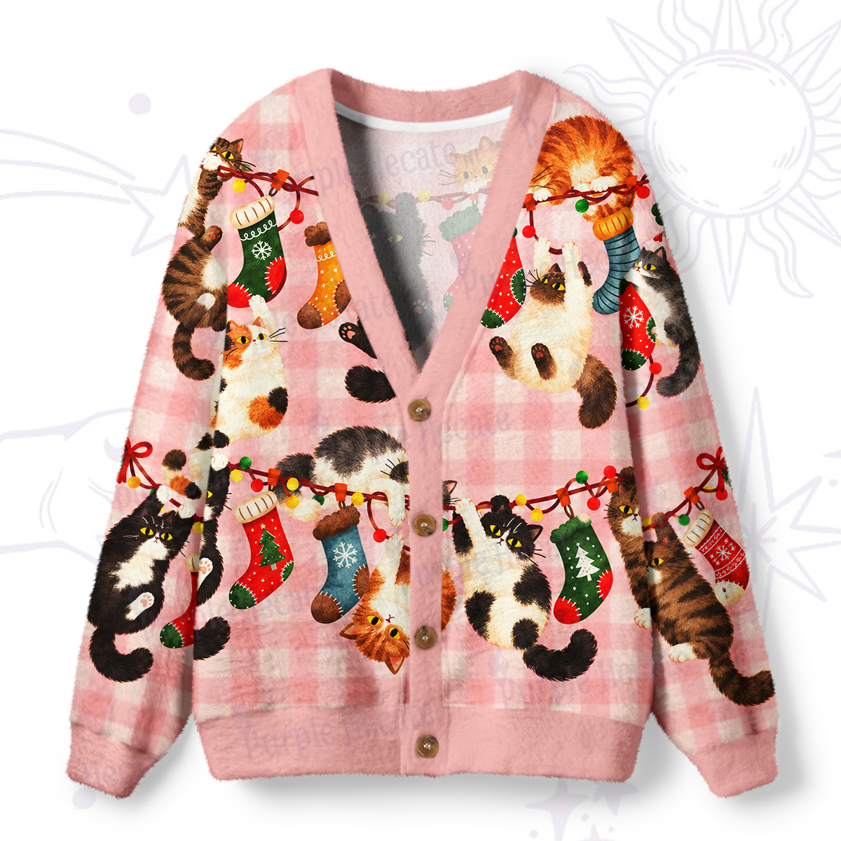 Purplehecate Christmas Stockings and Playful Cats Ugly Cardigan Sweaters