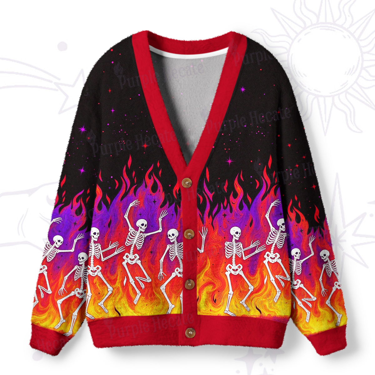 Purplehecate Flaming Skull Mayhem Ugly Cardigan Sweaters
