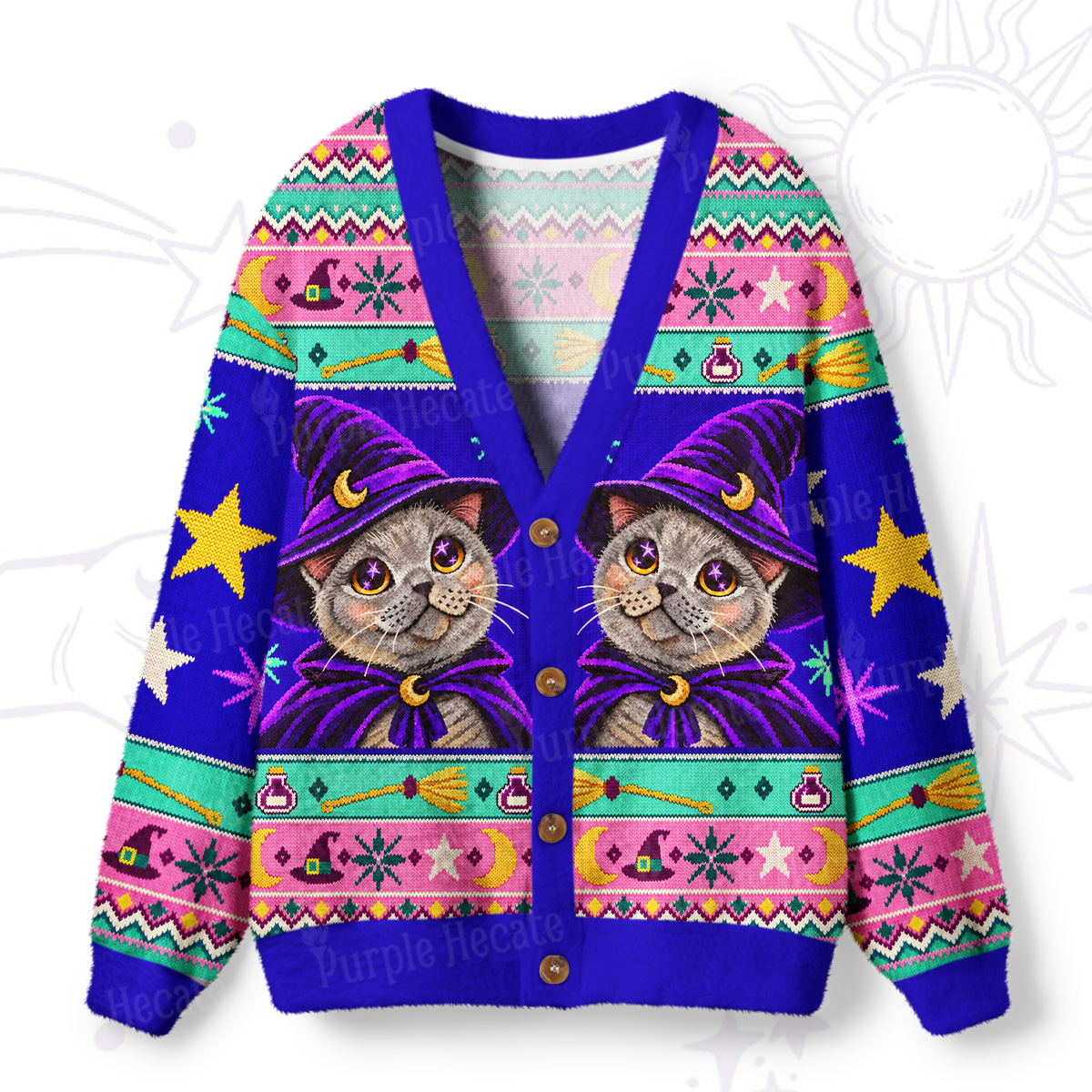 Purplehecate Celestial Stars Witch Cat Ugly Cardigan Sweaters