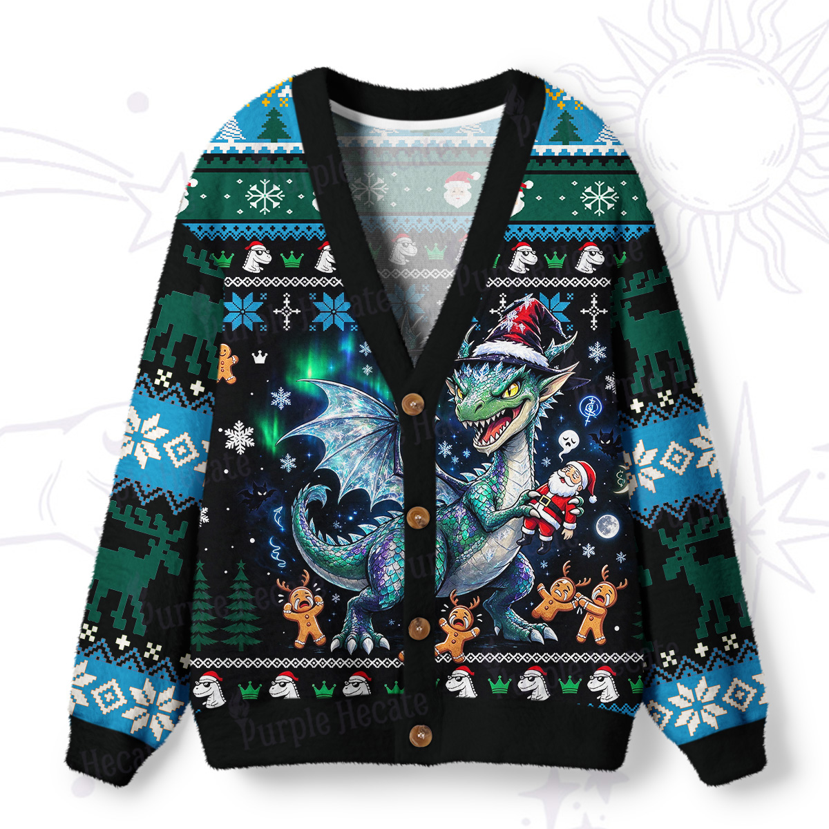 Purplehecate Green Dragon Christmas Chaos Ugly Cardigan Sweaters