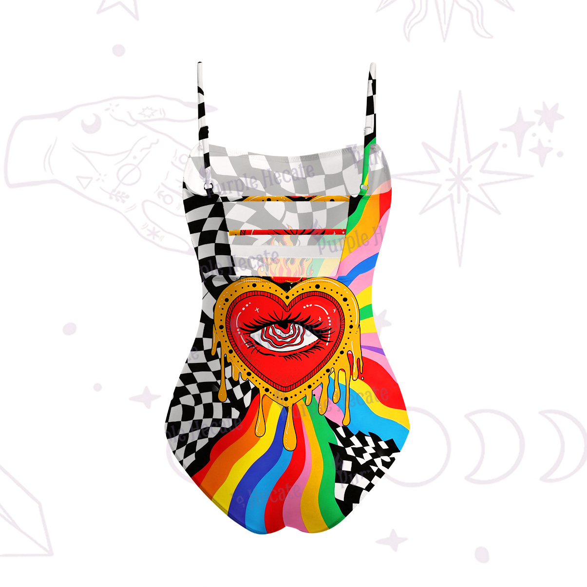 Purplehecate Trippy Rainbow Heart Eye Knit Slim-Strap Swimsuit