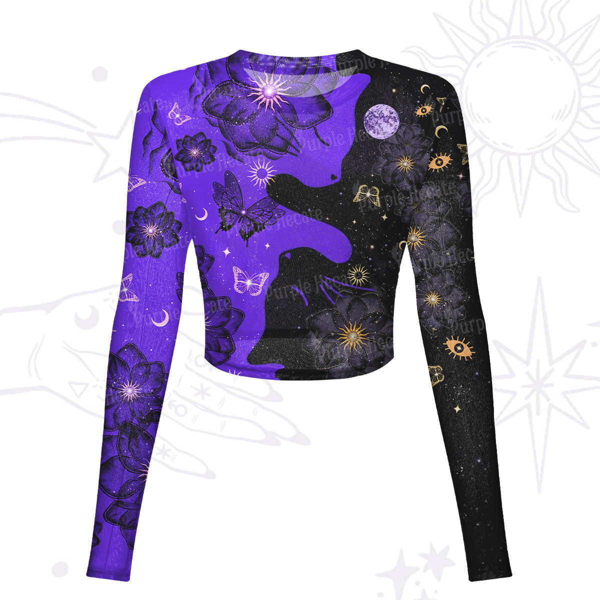 Purplehecate Starlit Cats & Butterflies Mesh Long Sleeve Crop Top
