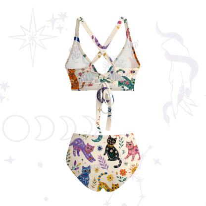 Purplehecate Rainbow Magic Cats Crisscross Tie-Back Bikini Set