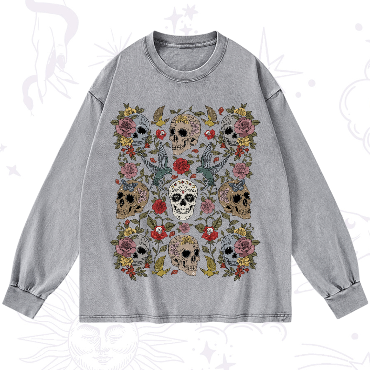 Purplehecate Skull Garden Washed Long Sleeve Shirt