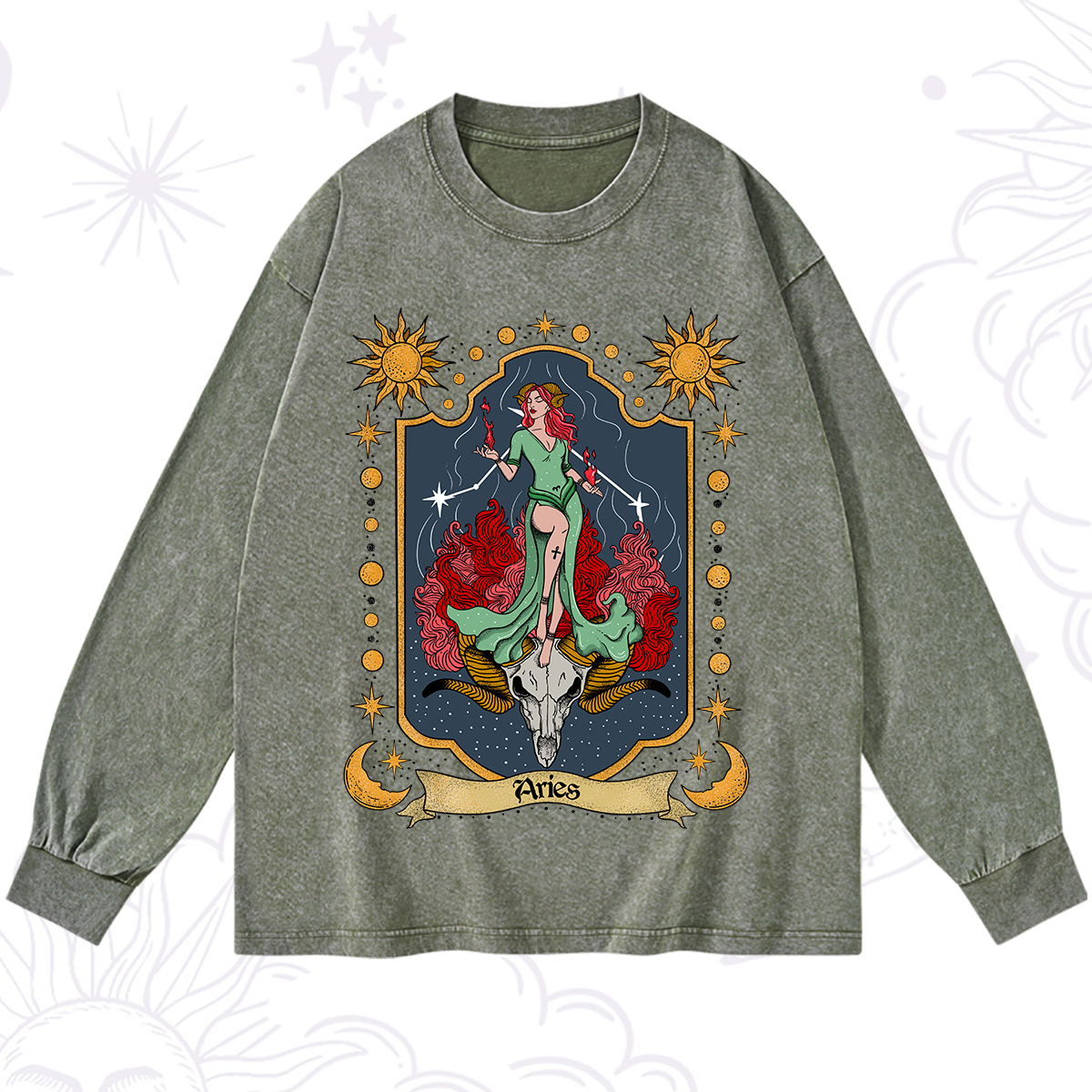 Purplehecate Aries Zodiac Washed Long Sleeve Shirt