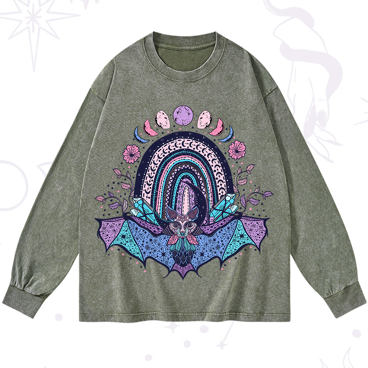 Purplehecate Moon Phase Bat Washed Long Sleeve Shirt