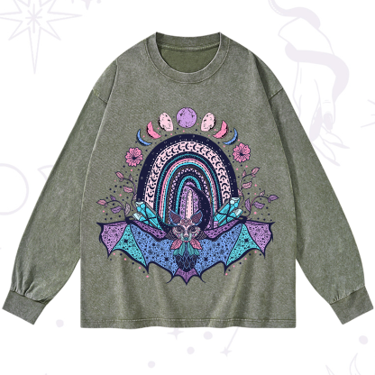 Purplehecate Moon Phase Bat Washed Long Sleeve Shirt