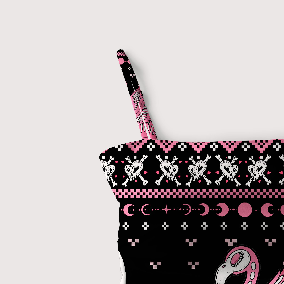 Purplehecate Witchy Pink Flamingo Skull Slim-Strap Swimsuit