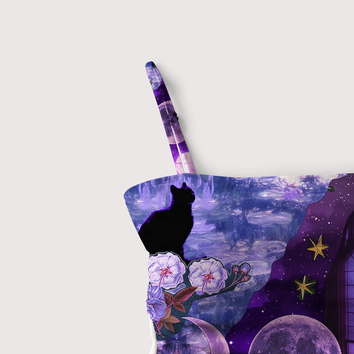 Purplehecate Witchy Black Cat Moon Slim-Strap Swimsuit