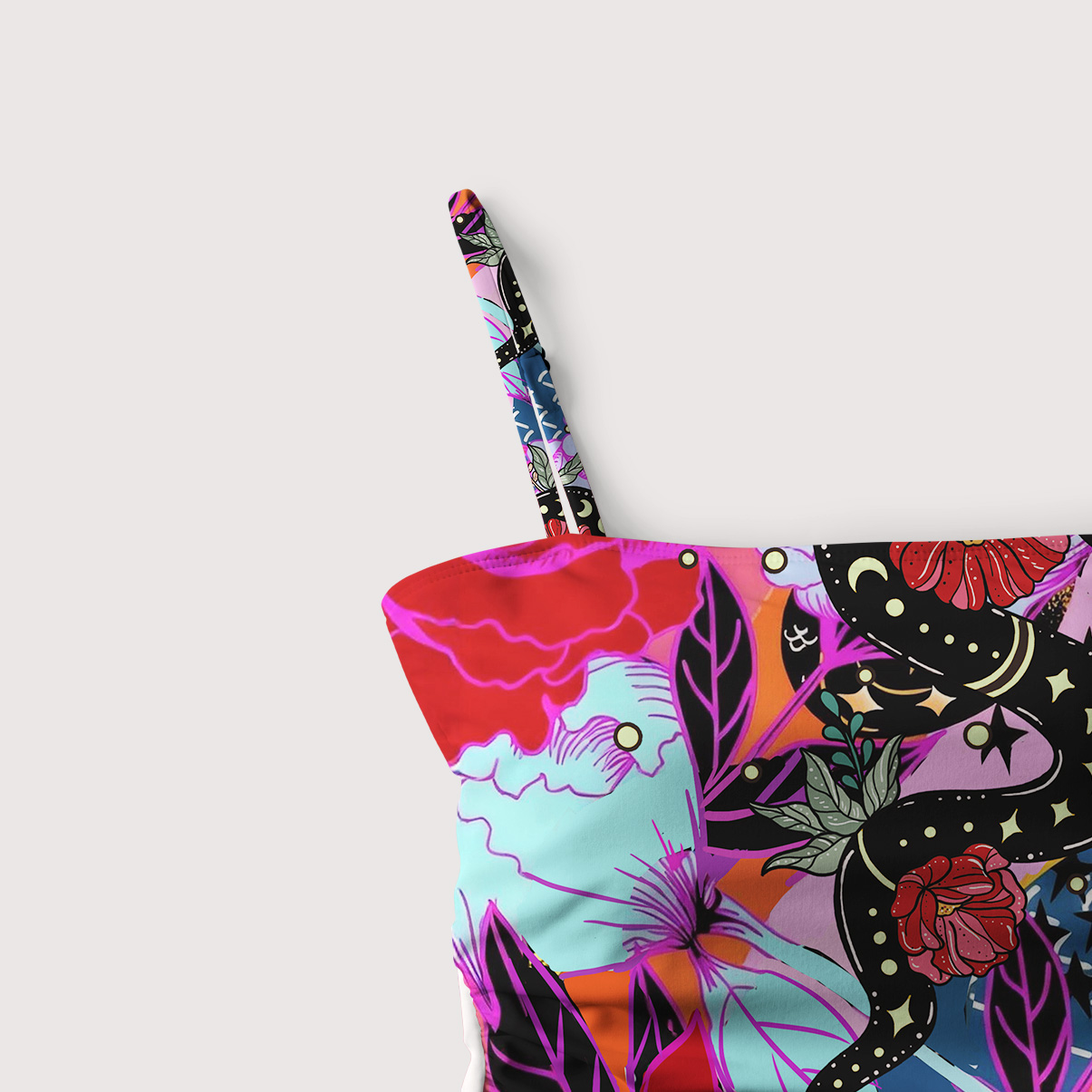 Purplehecate Enchanted Black Serpent & Floral Pattern Slim-Strap Swimsuit