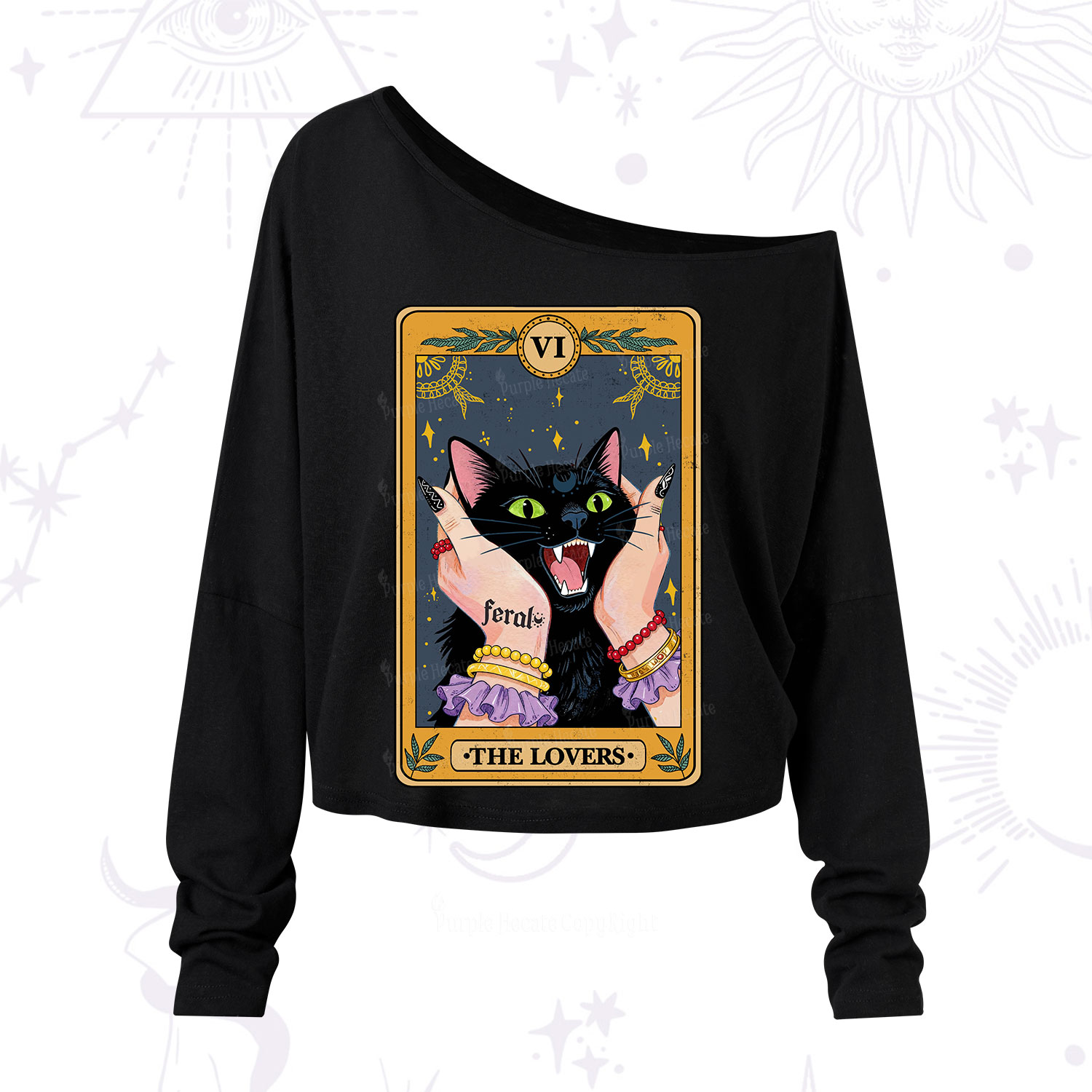Purplehecate The Lovers Tarot Feral Cat One Shoulder Long Sleeve Shirt