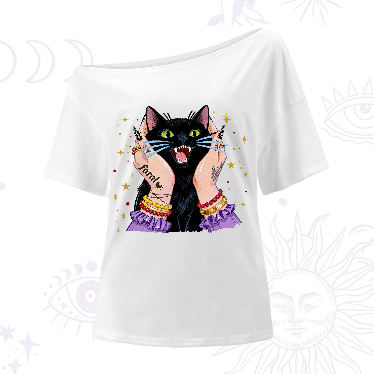 Purplehecate Feral Cat Magic One Shoulder T-Shirt