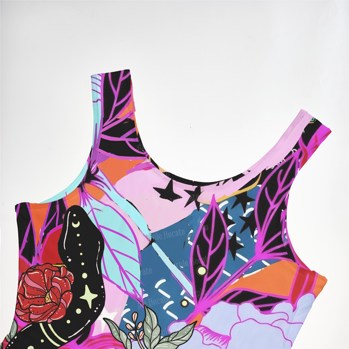 Purplehecate Enchanted Black Serpent & Floral Pattern Mesh Maxi Tank Beach Dress