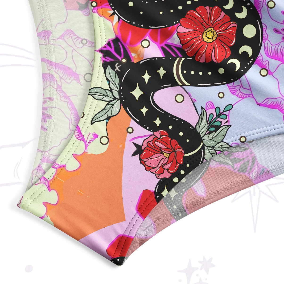 Purplehecate Enchanted Black Serpent & Floral Pattern Tank One Piece Swimsuit