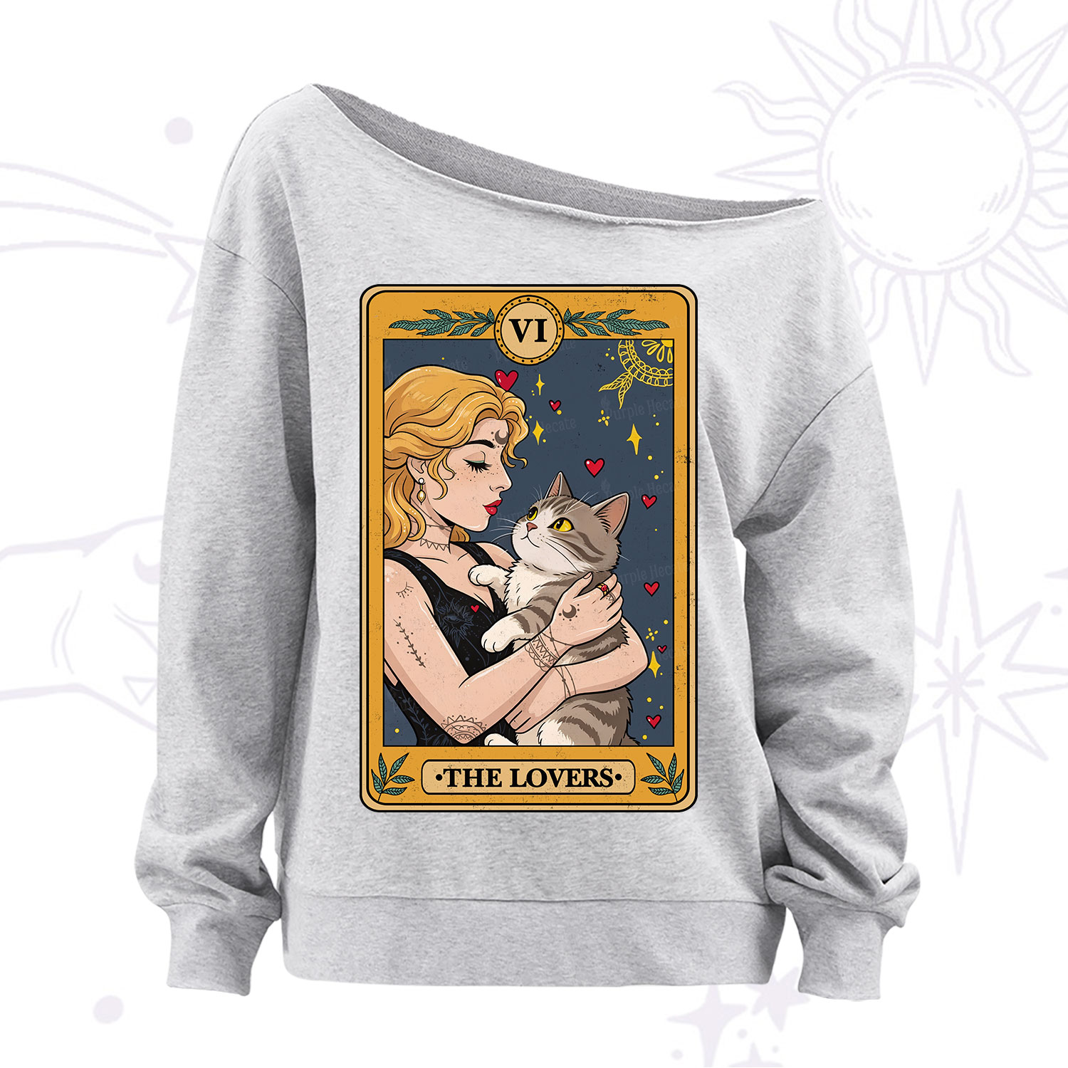 Purplehecate The Lovers Tarot for Cat Lovers Off The Shoulder Sweatshirt