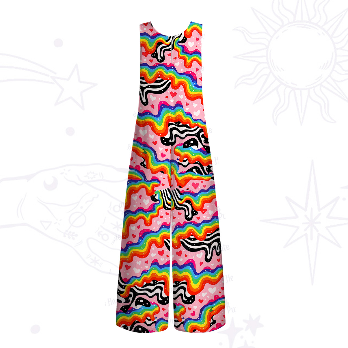 Purplehecate Groovy Melty Rainbow Hearts Wavy Wide Leg Jumpsuit