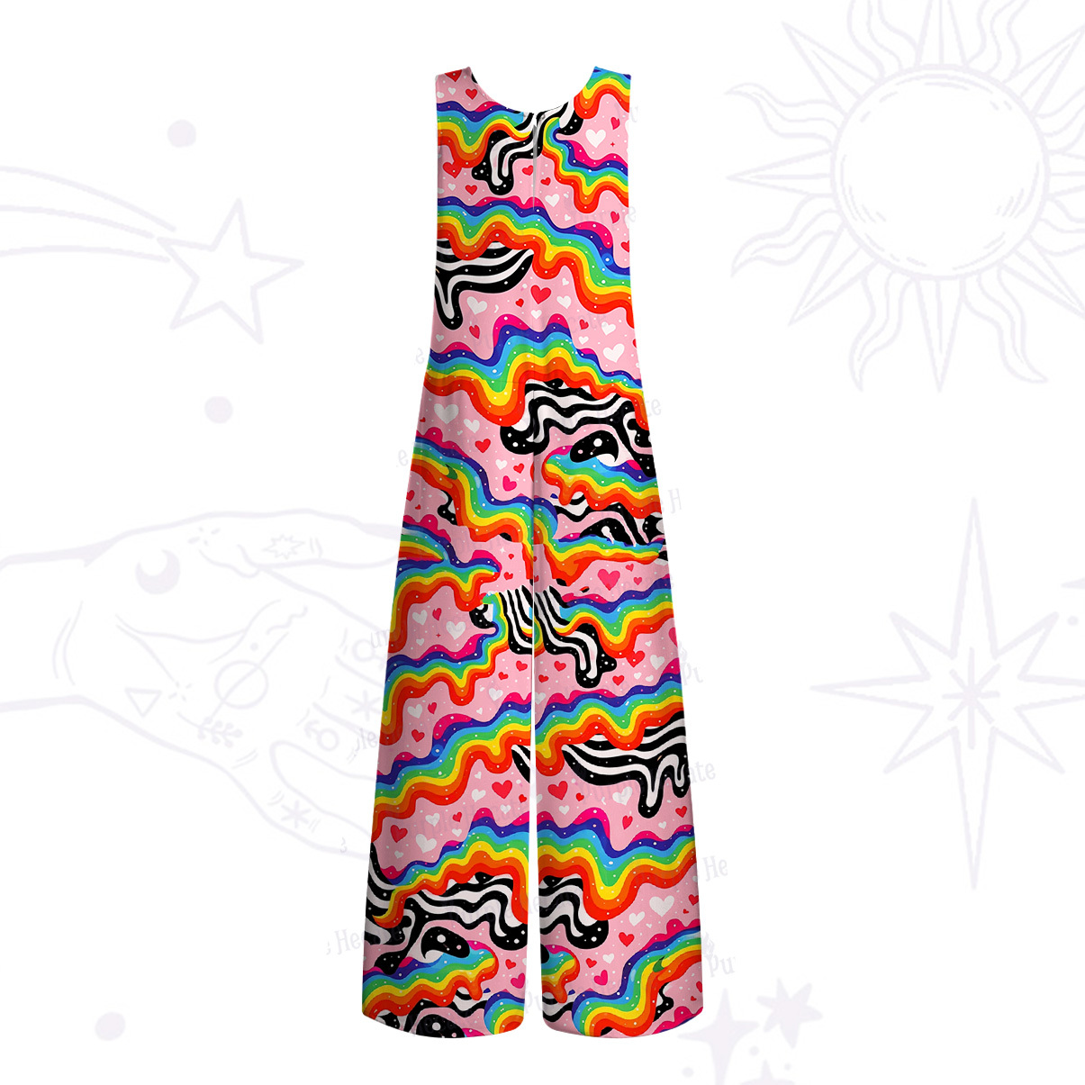 Purplehecate Groovy Melty Rainbow Hearts Wavy Wide Leg Jumpsuit