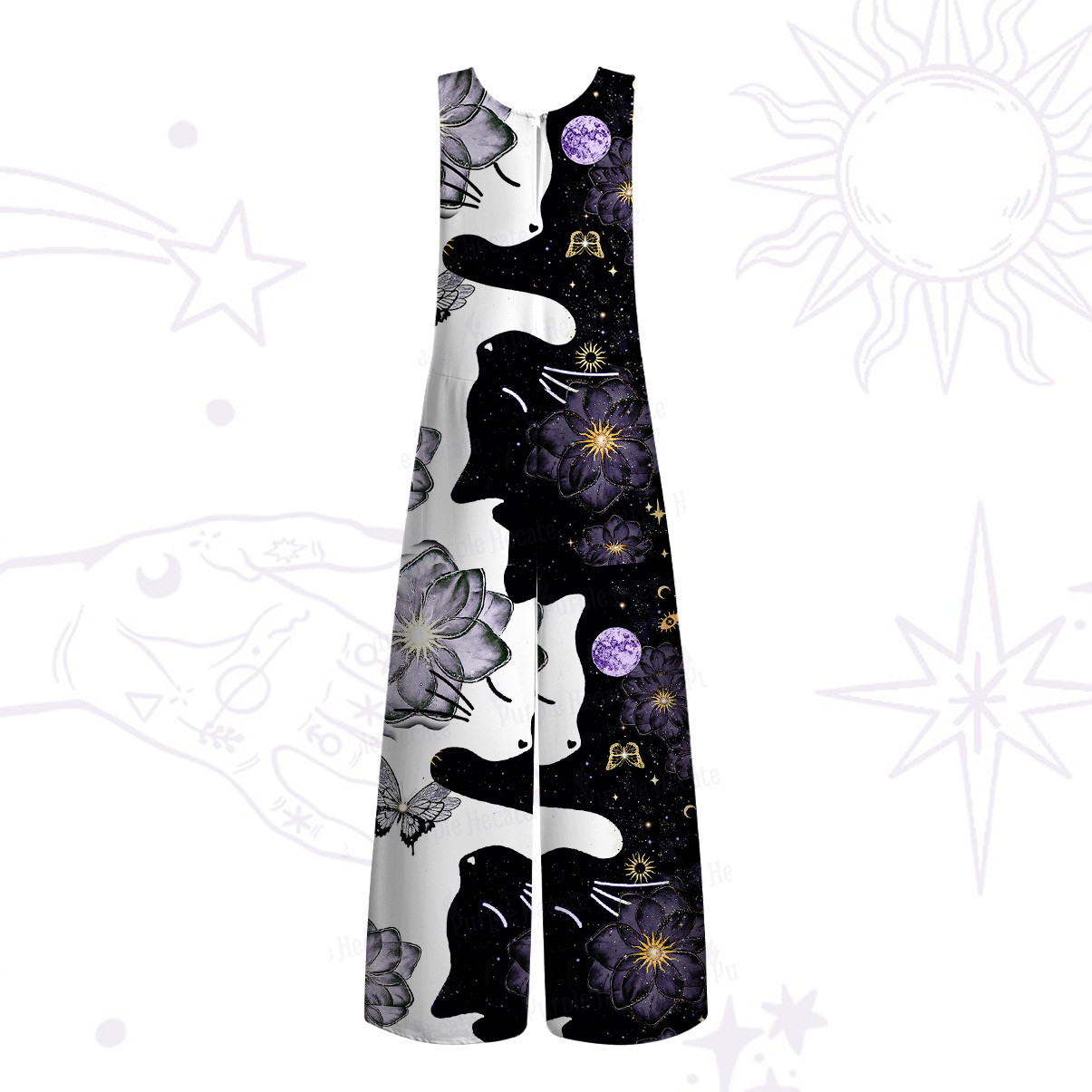 Purplehecate Starlit Cats & Butterflies Wide Leg Jumpsuit