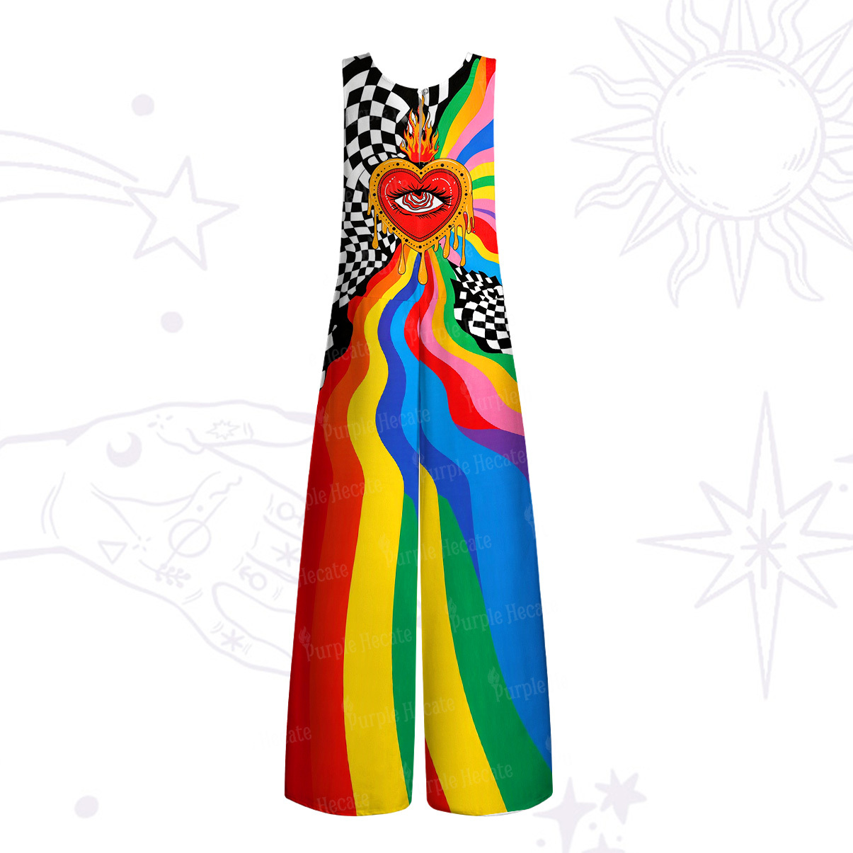 Purplehecate Trippy Rainbow Heart Eye Wide Leg Jumpsuit