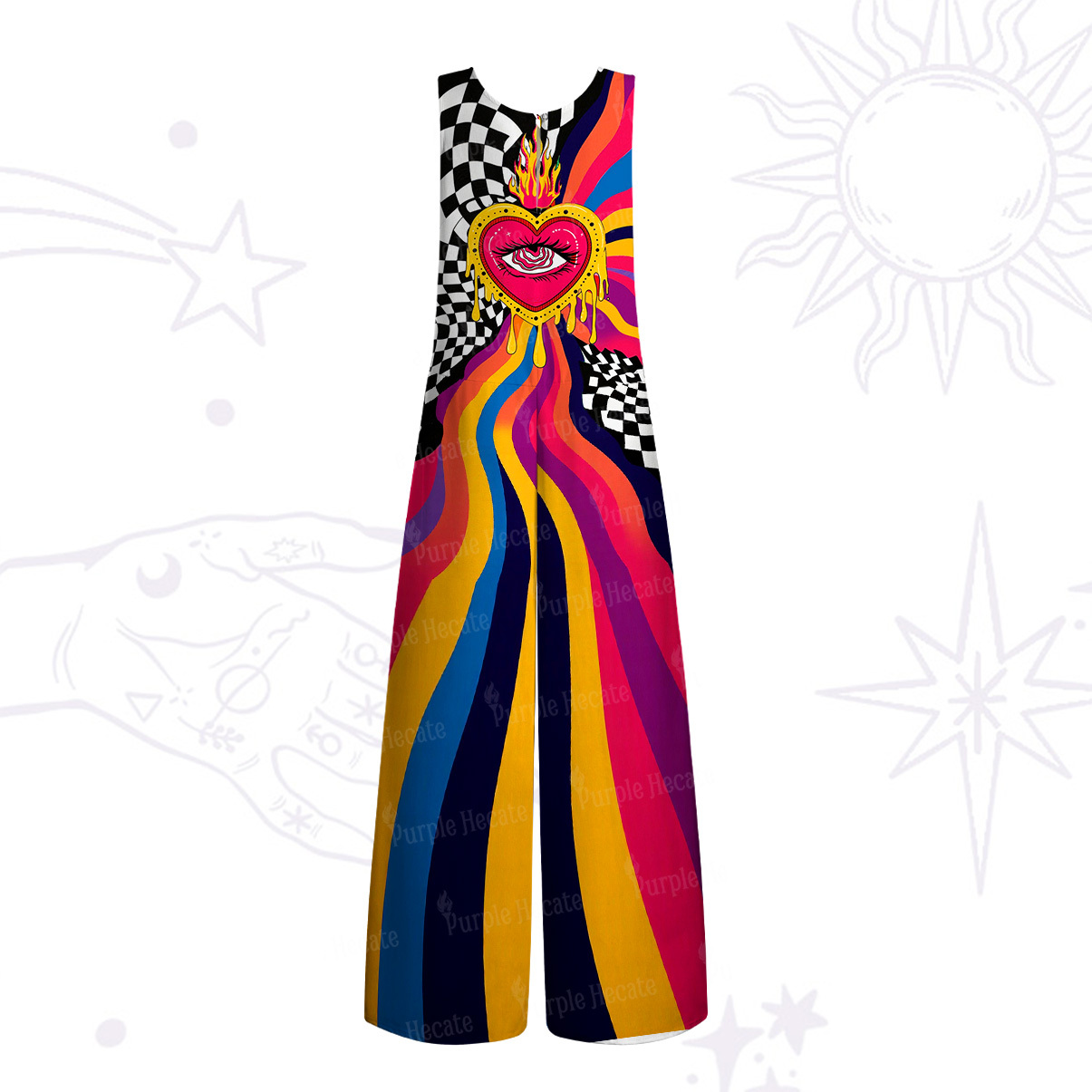 Purplehecate Trippy Rainbow Heart Eye Wide Leg Jumpsuit
