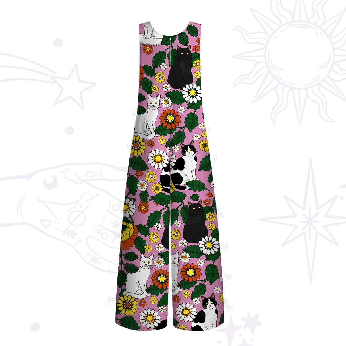 Purplehecate Daisy Cat  Garden Wide Leg Jumpsuit