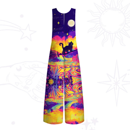 Purplehecate Midnight Cosmic Cat Fantasy Wide Leg Jumpsuit
