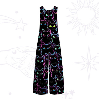 Purplehecate Neon Glow Stacked Cats Wide Leg Jumpsuit