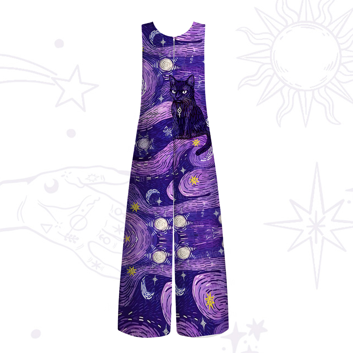Purplehecate Mystic Cat Beneath the Cosmic Veil Wide Leg Jumpsuit
