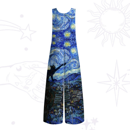 Purplehecate Witch Cat Under the Starry Night Wide Leg Jumpsuit