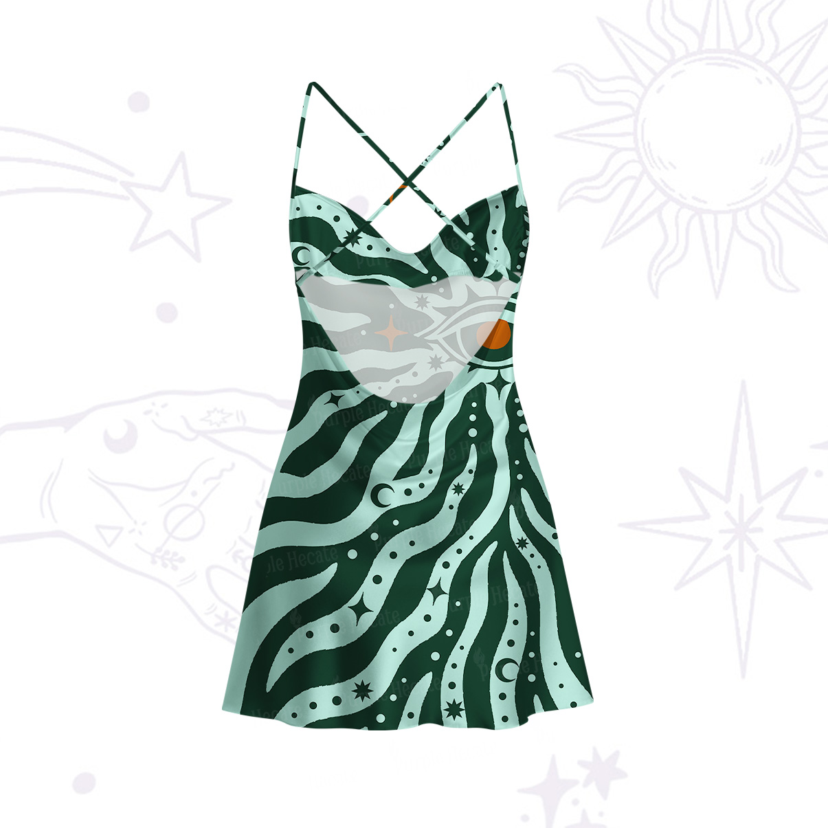 Purplehecate Green Vision Illusion Satin Cross Back Mini Dress