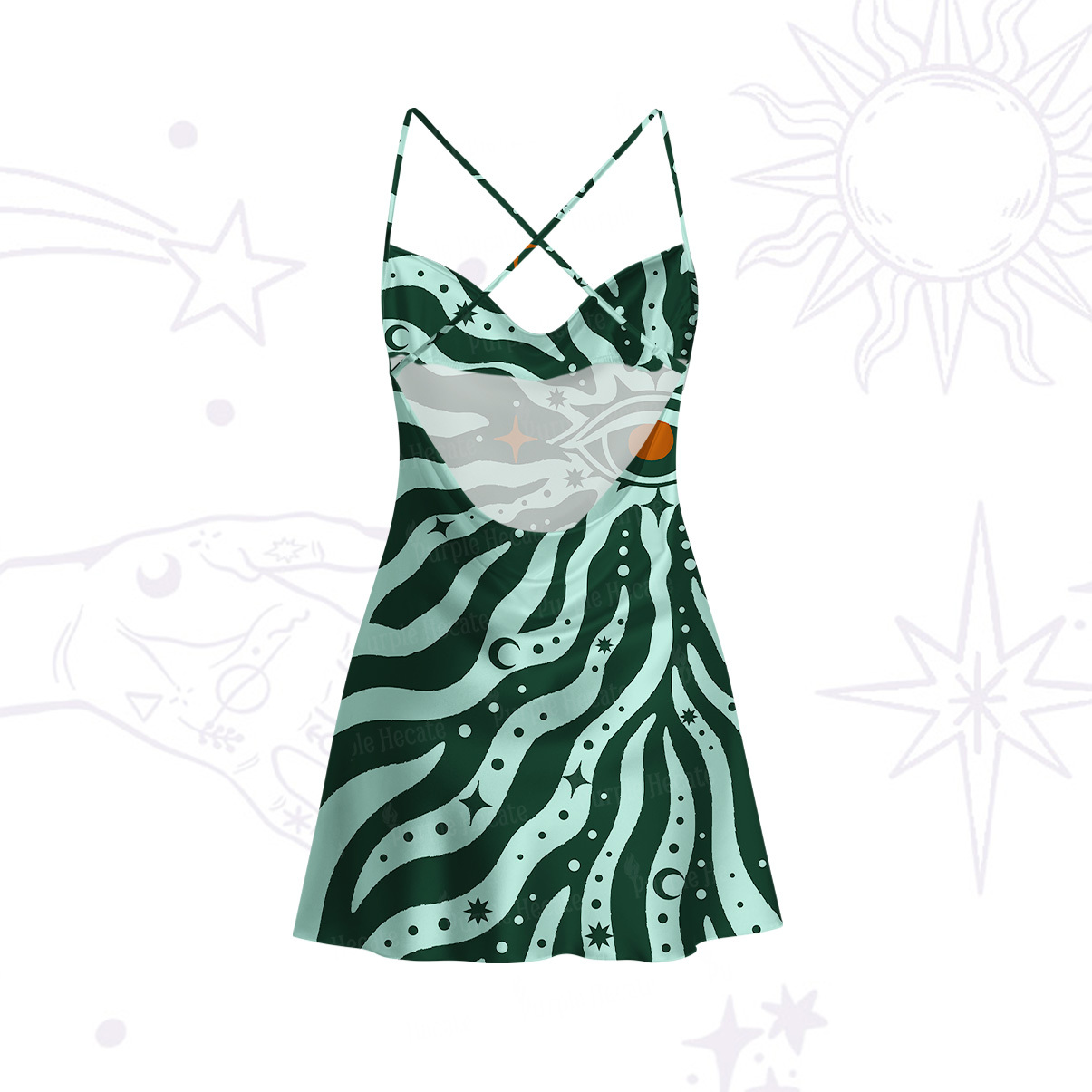 Purplehecate Green Vision Illusion Satin Cross Back Mini Dress