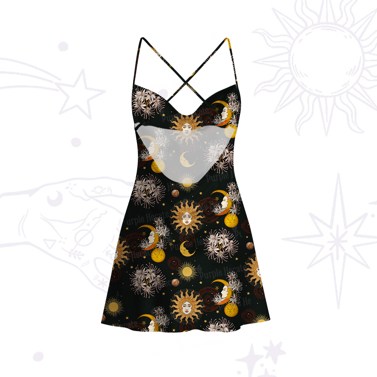 Purplehecate Stellar Symphony Satin Cross Back Mini Dress