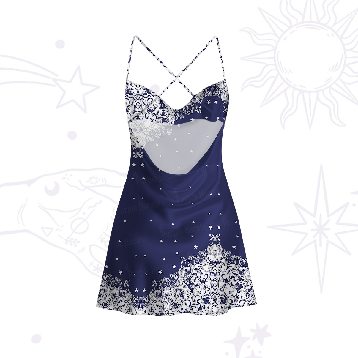 Purplehecate Midnight Star Satin Cross Back Mini Dress