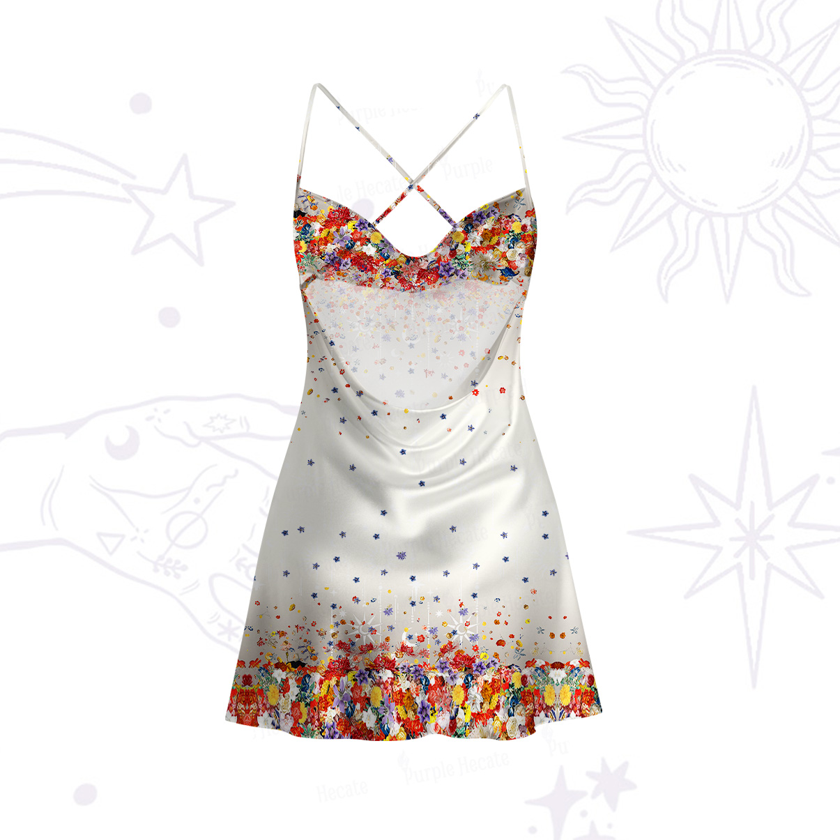 Purplehecate Spring Garden Satin Cross Back Mini Dress