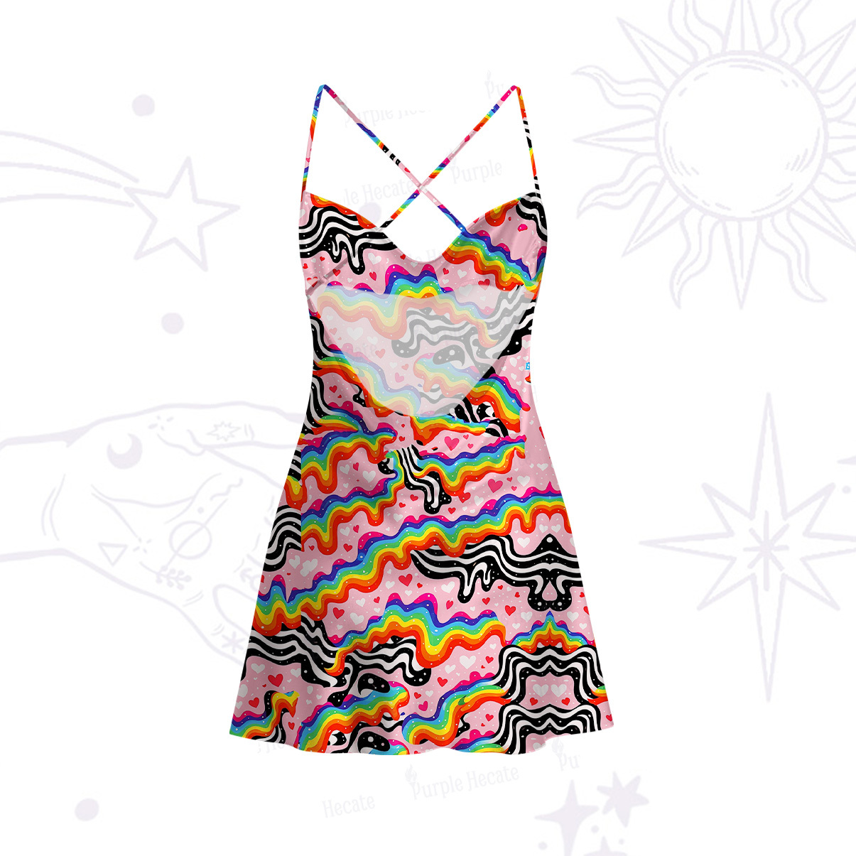 Purplehecate Groovy Melty Rainbow Hearts Wavy Cross Back Mini Dress