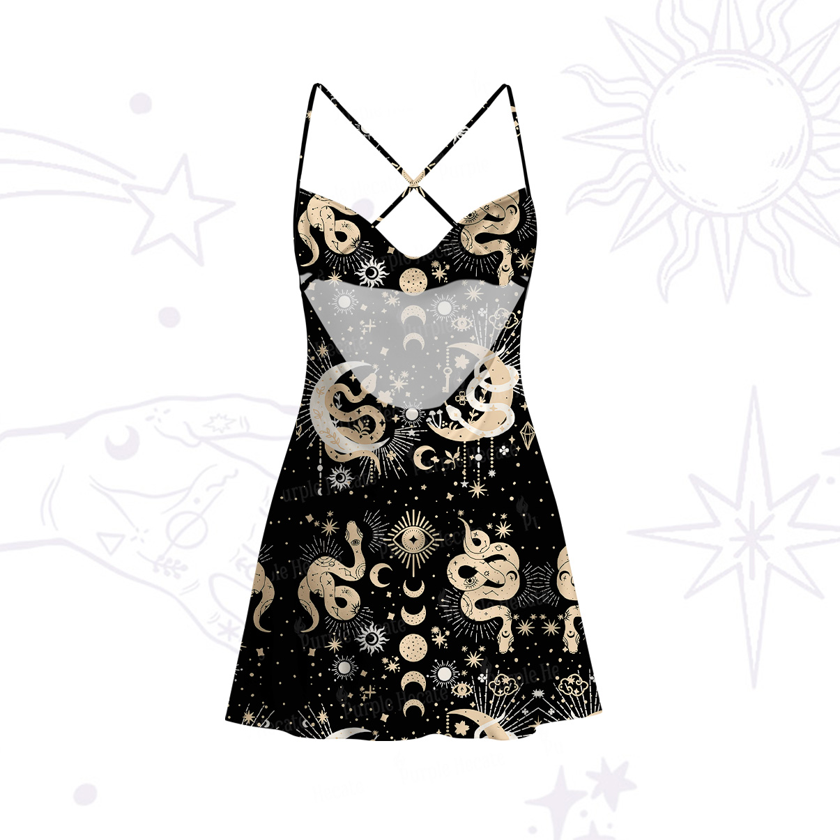 Purplehecate Divine Serpent Under the Moon Satin Cross Back Mini Dress